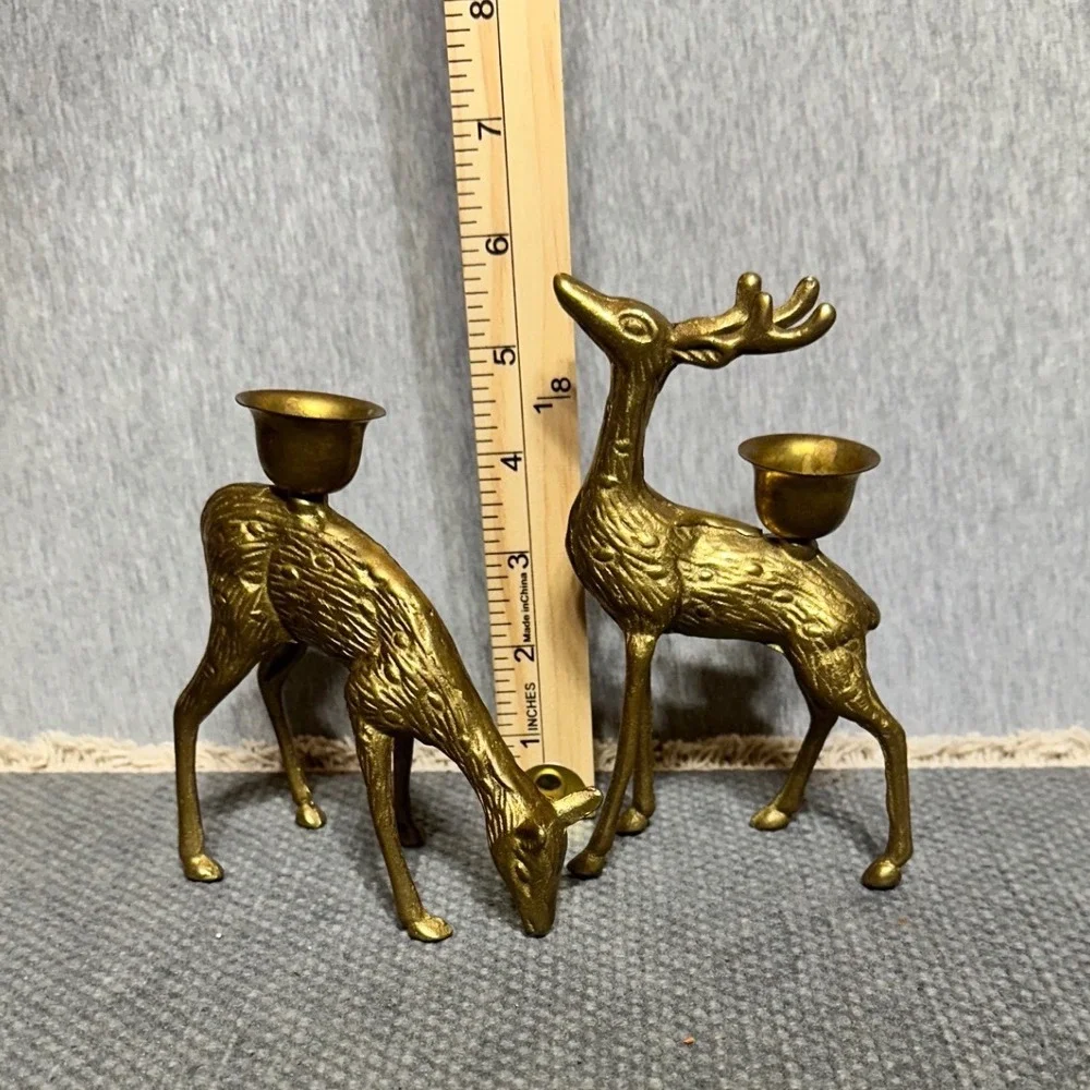 Vintage Brass Deer Candle Holder Set Mid Century Buck and Doe Reindeer Decor